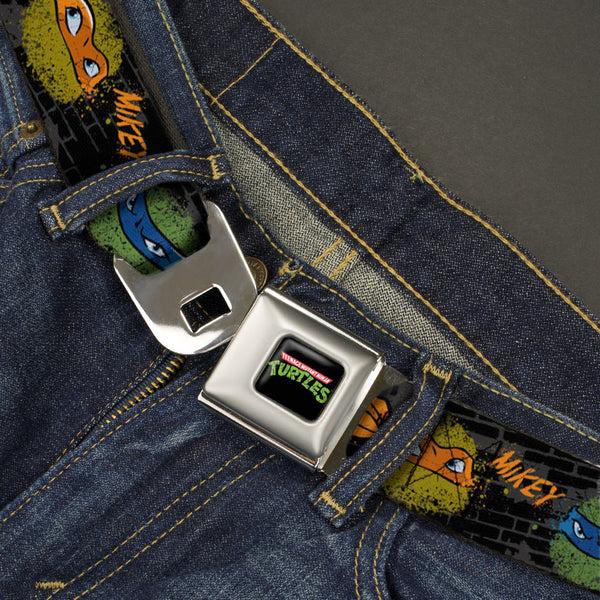 Buckle Down Classic TMNT Logo Full Color Seatbelt Belt - Classic Teenage Mutant Ninja Turtles Faces/Names "Graffiti" Black/Gray/Multi Color Webbing