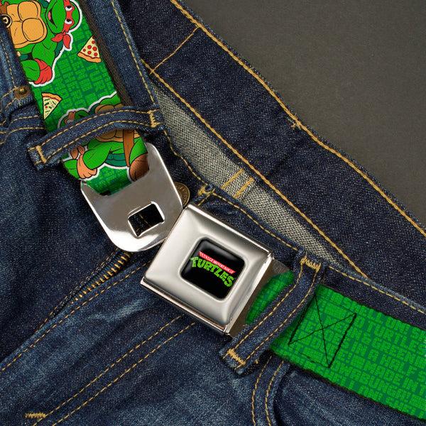 Buckle Down Classic TMNT Logo Full Color Seatbelt Belt - I "HEART" TMNT/Classic Turtles & Pizza Green Webbing