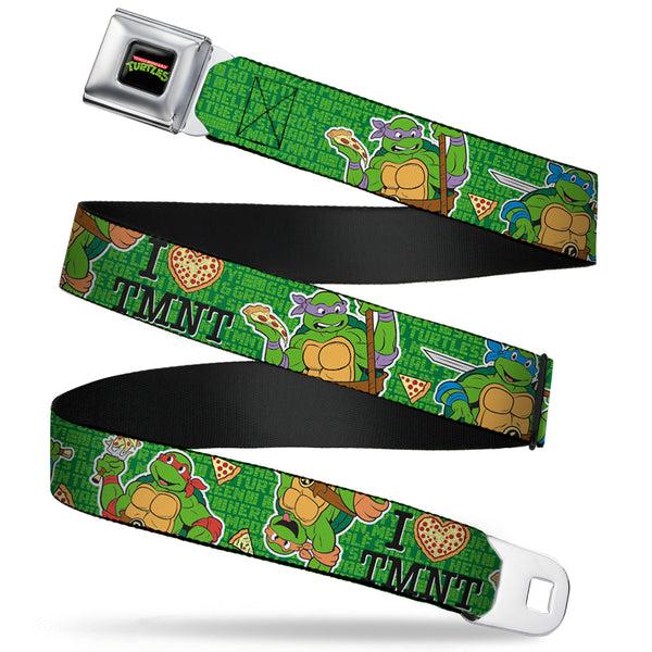 Buckle Down Classic TMNT Logo Full Color Seatbelt Belt - I "HEART" TMNT/Classic Turtles & Pizza Green Webbing