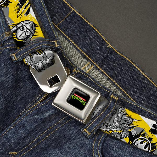 Buckle Down Classic TMNT Logo Full Color Seatbelt Belt - Teenage Mutant Ninja Turtles Shredder Pose And Icons Grays/Yellow Webbing