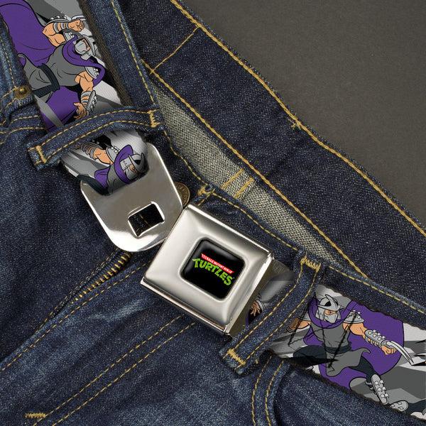 Buckle Down Classic TMNT Logo Full Color Seatbelt Belt - Teenage Mutant Ninja Turtles Shredder Action Poses Grays/Purple Webbing