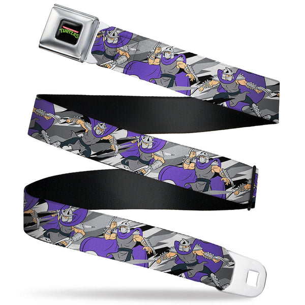 buckle down Classic TMNT Logo Full Color Seatbelt Belt - Teenage Mutant Ninja Turtles Shredder Action Poses Grays/Purple Webbing