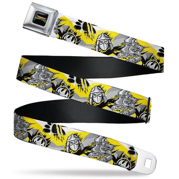 buckle down Classic TMNT Logo Full Color Seatbelt Belt - Teenage Mutant Ninja Turtles Shredder Pose and Icons Grays/Yellow Webbing
