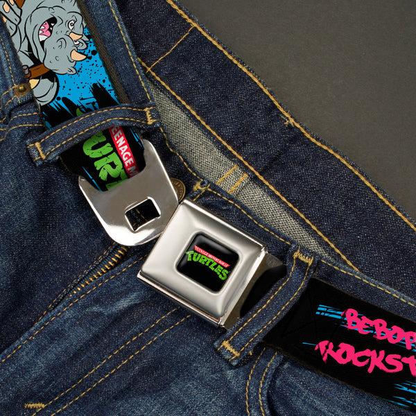 Buckle Down Classic TMNT Logo Full Color Seatbelt Belt - TMNT BEBOP AND ROCKSTEADY Back-to-Back Pose Splatter Blue/Black/Pink Webbing