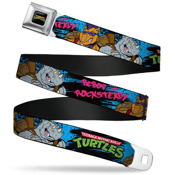 Buckle Down Classic TMNT Logo Full Color Seatbelt Belt - TMNT BEBOP AND ROCKSTEADY Back-to-Back Pose Splatter Blue/Black/Pink Webbing