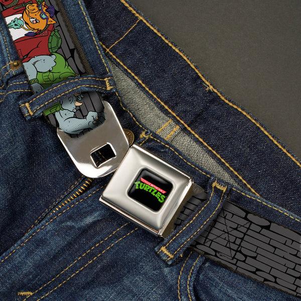 Buckle Down Classic TMNT Logo Full Color Seatbelt Belt - TMNT Rocksteady & Bebop Poses Bricks Gray/Black Webbing