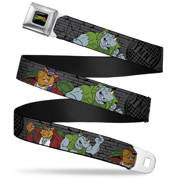 buckle down Classic TMNT Logo Full Color Seatbelt Belt - TMNT Rocksteady & Bebop Poses Bricks Gray/Black Webbing