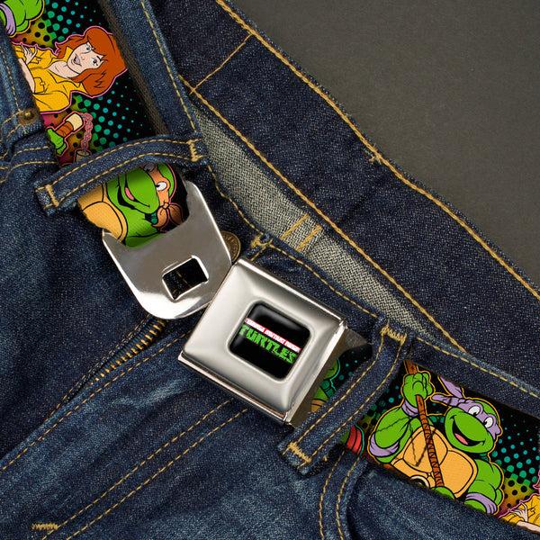 Buckle Down Classic TMNT Logo2 Full Color Seatbelt Belt - Classic TMNT Logo2/Turtles & April Pose Halftone Multi Color/Black Webbing