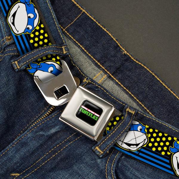 Buckle Down Classic TMNT Logo2 Full Color Seatbelt Belt - Classic TMNT Leonardo Expression Dots/Stripes Black/Yellow/Blue/White Webbing