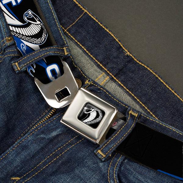 Buckle Down Cobra Head Full Color Black White Seatbelt Belt - COBRA JET/Cobra Head Flame Black/Blue/White Webbing