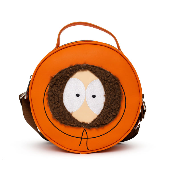 buckle down Comedy Central Bag Cross Body Round South Park Kenny Face Close Up with Fur and Embroidery Orange Vegan Leather