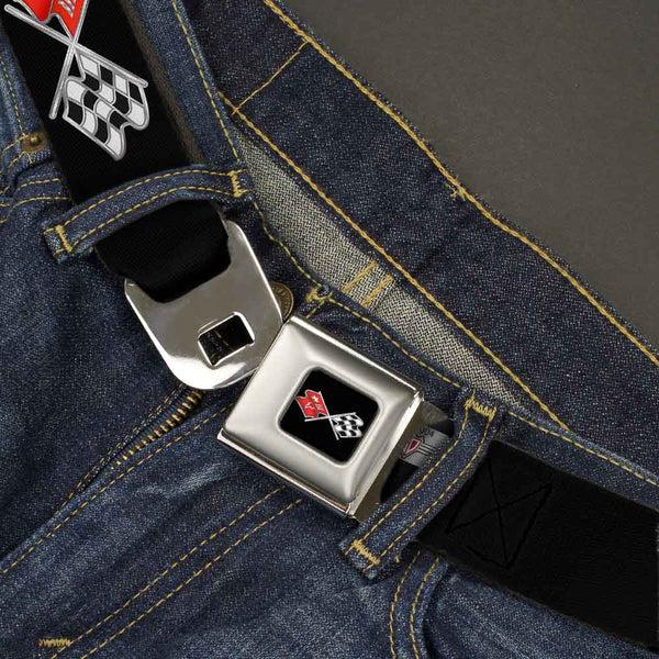 Buckle Down Corvette C3 Crossed Flags Logo Full Color Black Seatbelt Belt - C3 Webbing