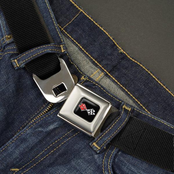 Buckle Down Corvette C3 Crossed Flags Logo Full Color Black Seatbelt Belt - Black Webbing