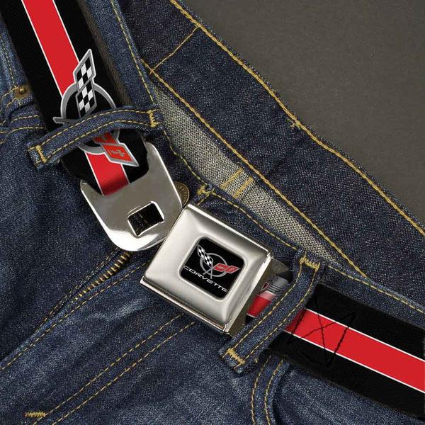 Buckle Down CORVETTE C5 Logo Full Color Black Gray White Red Seatbelt Belt - CORVETTE C5 Logo/Stripe Black/White/Red/Gray Webbing