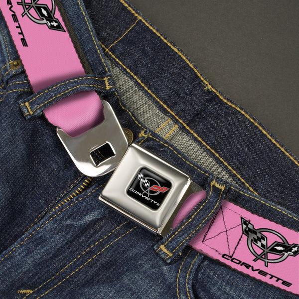 Buckle Down Corvette Seatbelt Belt - CORVETTE C5 Logo Repeat Pink/Black/Silvers Webbing