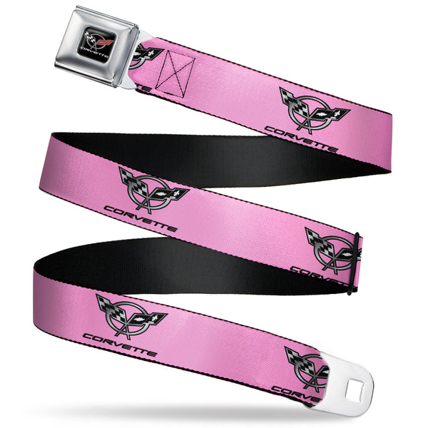 buckle down Corvette Seatbelt Belt - CORVETTE C5 Logo Repeat Pink/Black/Silvers Webbing