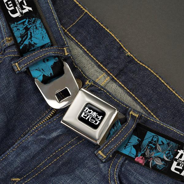 Buckle Down COWBOY BEBOP Title Logo Full Color Black/White Seatbelt Belt - COWBOY BEBOP Title Logo And Character Blocks Black/Blues Webbing