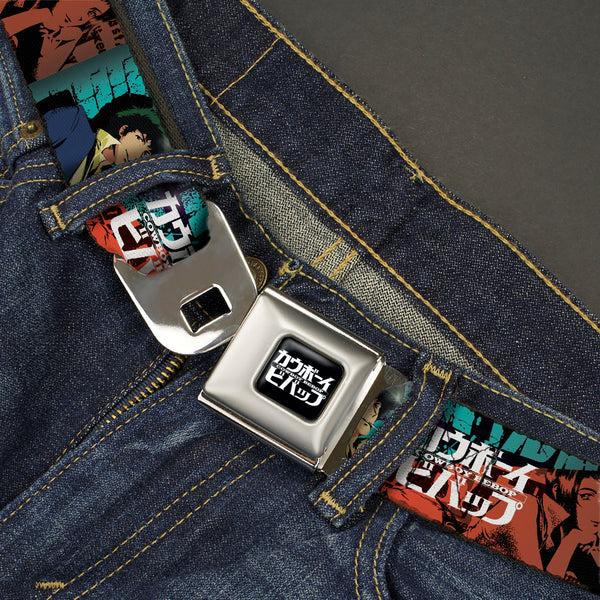 Buckle Down COWBOY BEBOP Title Logo Full Color Black/White Seatbelt Belt - COWBOY BEBOP Spike And Faye Brick Pose And Title Logo Blues/Reds Webbing