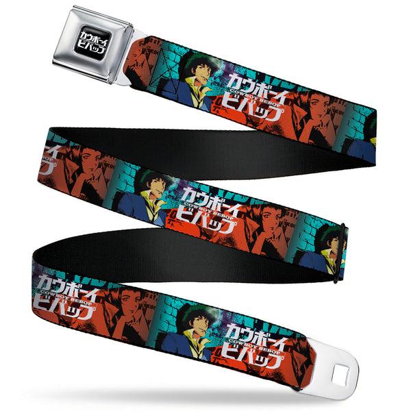 buckle down COWBOY BEBOP Title Logo Full Color Black/White Seatbelt Belt - COWBOY BEBOP Spike and Faye Brick Pose and Title Logo Blues/Reds Webbing
