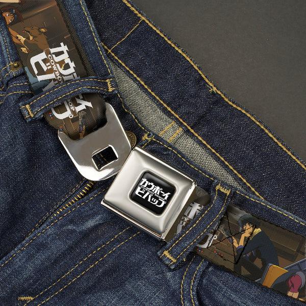 Buckle Down COWBOY BEBOP Title Logo Full Color Black/White Seatbelt Belt - COWBOY BEBOP Jet Black And Crew Bonsai Tree Scene And Title Logo Webbing