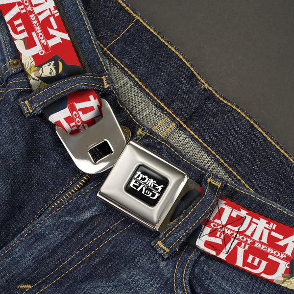 Buckle Down COWBOY BEBOP Title Logo Full Color Black/White Seatbelt Belt - COWBOY BEBOP Spike And Faye Back To Back Pose And Title Logo Red/White Webbing
