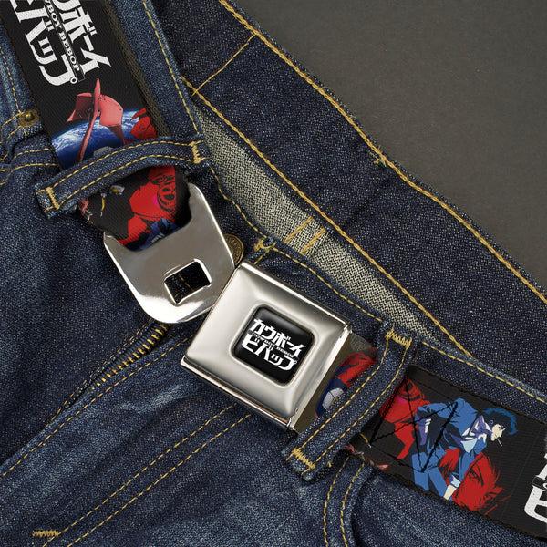 Buckle Down COWBOY BEBOP Title Logo Full Color Black/White Seatbelt Belt - COWBOY BEBOP Spike Pose And Crew Collage And Title Logo Black Webbing
