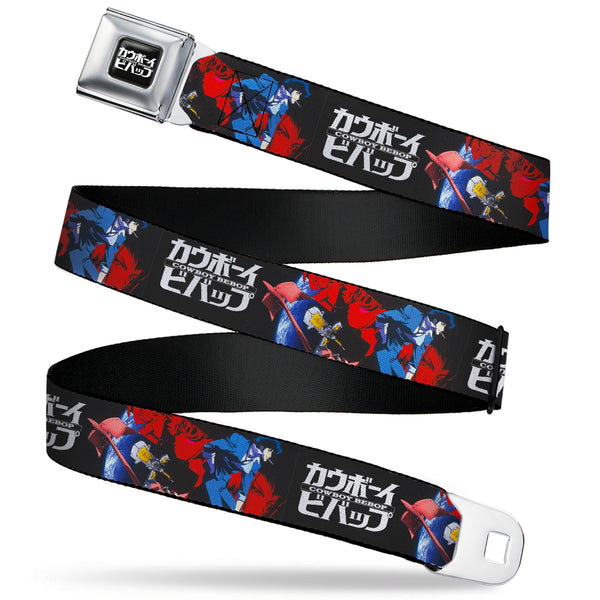 buckle down COWBOY BEBOP Title Logo Full Color Black/White Seatbelt Belt - COWBOY BEBOP Spike Pose and Crew Collage and Title Logo Black Webbing