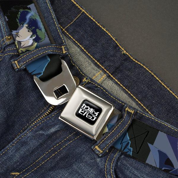 Buckle Down COWBOY BEBOP Title Logo Full Color Black/White Seatbelt Belt - COWBOY BEBOP Spike Vicious And Faye Pose And Title Logo Blues/Yellow Webbing