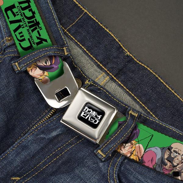 Buckle Down COWBOY BEBOP Title Logo Full Color Black/White Seatbelt Belt - COWBOY BEBOP Crew Group Pose And Title Logo Green/Black Webbing