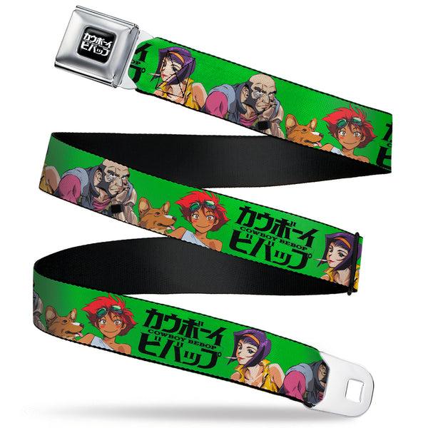 buckle down COWBOY BEBOP Title Logo Full Color Black/White Seatbelt Belt - COWBOY BEBOP Crew Group Pose and Title Logo Green/Black Webbing