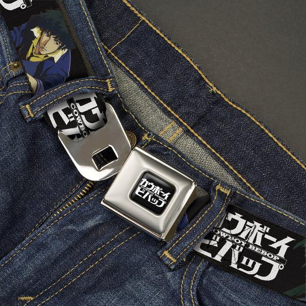 Buckle Down COWBOY BEBOP Title Logo Full Color Black/White Seatbelt Belt - COWBOY BEBOP Spike And Vicious Pose And Title Logo Black/Blues Webbing
