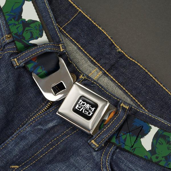 Buckle Down COWBOY BEBOP Title Logo Full Color Black/White Seatbelt Belt - COWBOY BEBOP Crew Group Pose And Title Logo White/Black/Greens Webbing