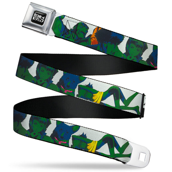 buckle down COWBOY BEBOP Title Logo Full Color Black/White Seatbelt Belt - COWBOY BEBOP Crew Group Pose and Title Logo White/Black/Greens Webbing