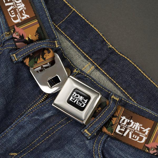 Buckle Down COWBOY BEBOP Title Logo Full Color Black/White Seatbelt Belt - COWBOY BEBOP Crew Group Pose And Title Logo Blocks Webbing