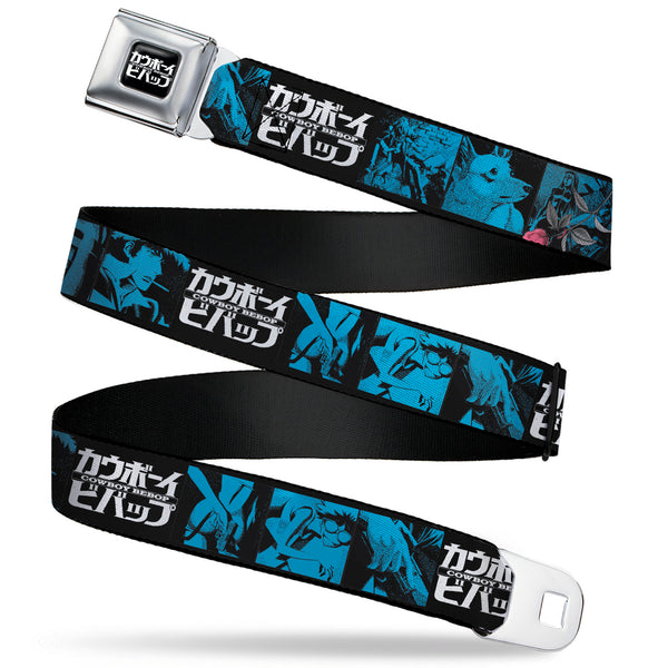 buckle down COWBOY BEBOP Title Logo Full Color Black/White Seatbelt Belt - COWBOY BEBOP Title Logo and Character Blocks Black/Blues Webbing