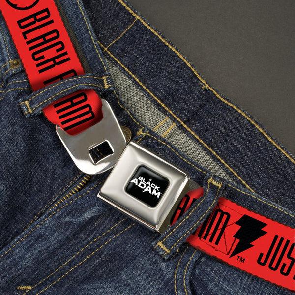 Buckle Down DC BLACK ADAM Title Logo Full Color Black/White Seatbelt Belt - Black Adam JUSTICE SOCIETY Icons And Text Red/Black Webbing
