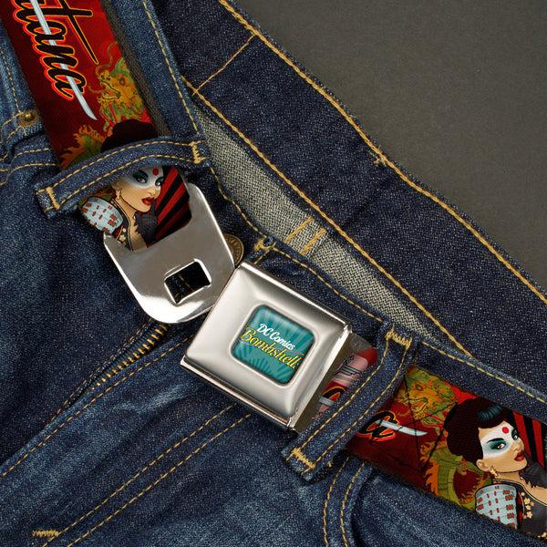 Buckle Down DC BOMBSHELLS Star Rays Full Color Blues Seatbelt Belt - KATANA Poses & Samurai Dragons/Rays Reds/Black Webbing
