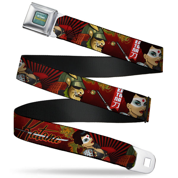 buckle down DC BOMBSHELLS Star Rays Full Color Blues Seatbelt Belt - KATANA Poses & Samurai Dragons/Rays Reds/Black Webbing