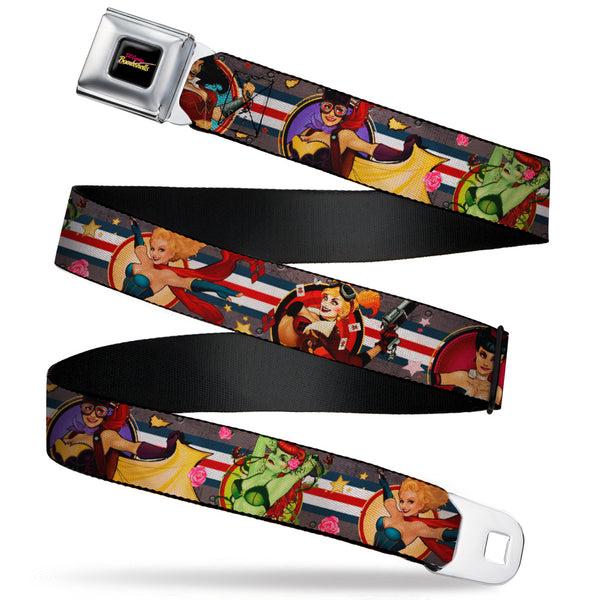 buckle down DC COMICS BOMBSHELLS Logo Full Color Black/Pinks/Yellow Seatbelt Belt - DC Bombshell Pin-Up Girls Webbing
