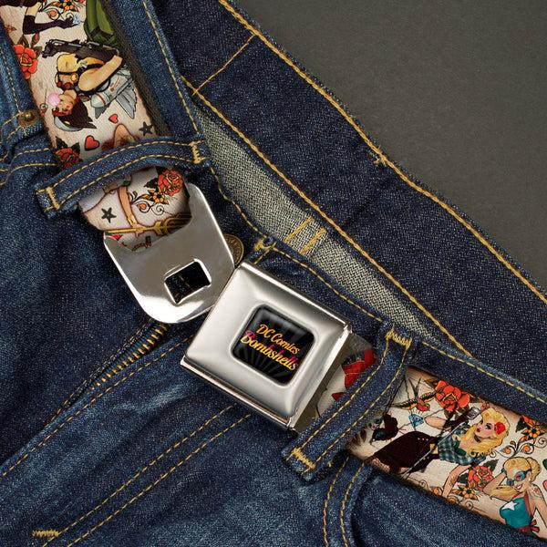 Buckle Down DC COMICS BOMBSHELLS Rays Full Color Black Gray Orange-Red Fade Seatbelt Belt - 10-DC Bombshells/Traditional Tattoos Scattered Tan Webbing