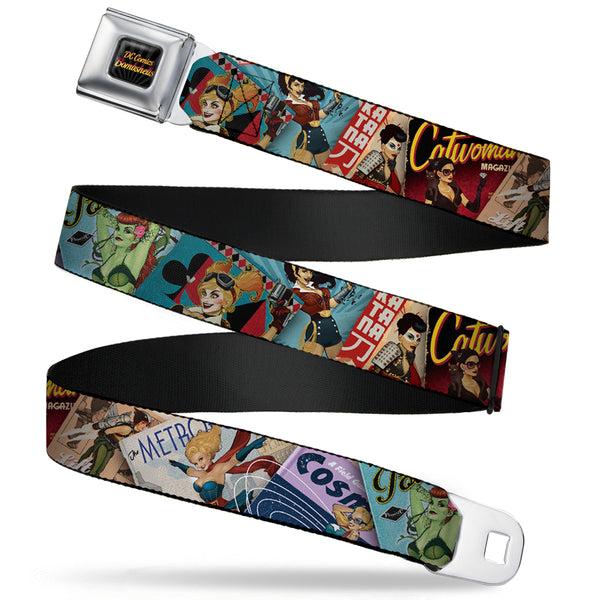 buckle down DC COMICS BOMBSHELLS Rays Full Color Black Gray Orange-Red Fade Seatbelt Belt - 8-DC Bombshell Comic Book Covers Stacked Webbing