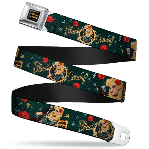 buckle down DC COMICS BOMBSHELLS Rays Full Color Black Gray Orange-Red Fade Seatbelt Belt - BLACK CANARY Bombshell Pose/Roses Greens/Reds/Yellow Webbing