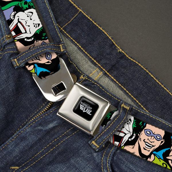 Buckle Down DC COMICS FOREVER EVIL Logo Black/Silver Seatbelt Belt - Justice League Villains CLOSE-UP Webbing