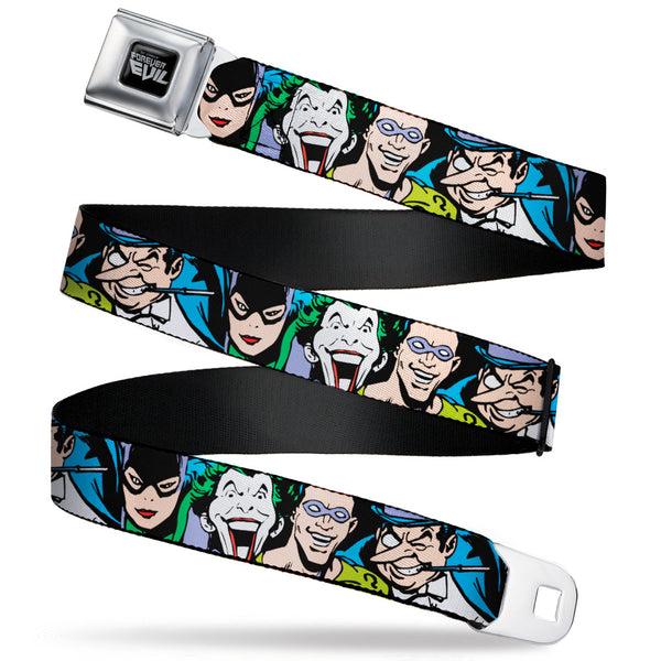 buckle down DC COMICS FOREVER EVIL Logo Black/Silver Seatbelt Belt - Justice League Villains CLOSE-UP Webbing