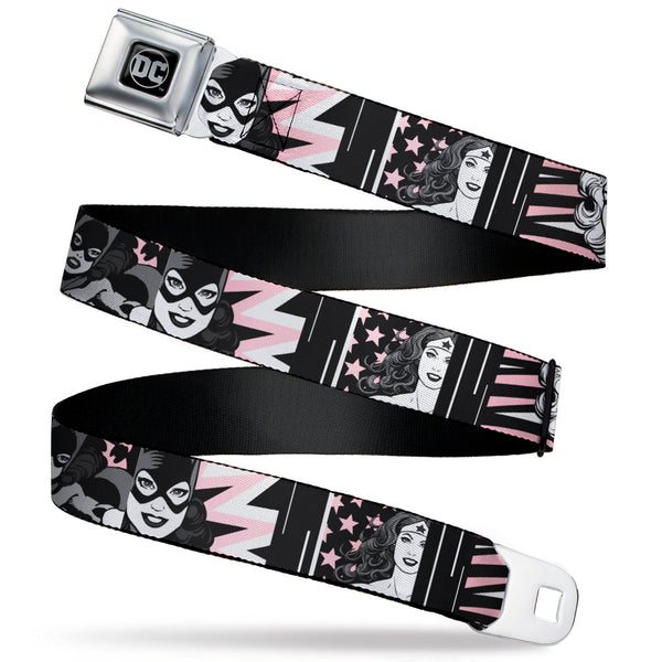 buckle down DC Round Logo Black/Silver Seatbelt Belt - Batgirl/Wonder Woman/Supergirl Retro Panels Black/Pink/White Webbing