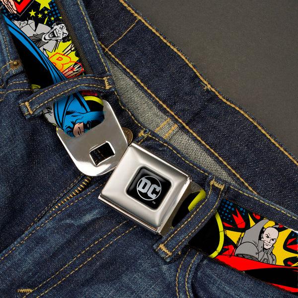 Buckle Down DC Round Logo Black/Silver Seatbelt Belt - Classic Batman/Joker & Superman/Lex Luthor Halftone Black/Blue Webbing