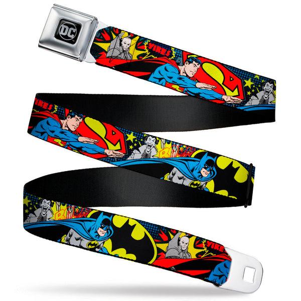 buckle down DC Round Logo Black/Silver Seatbelt Belt - Classic Batman/Joker & Superman/Lex Luthor Halftone Black/Blue Webbing