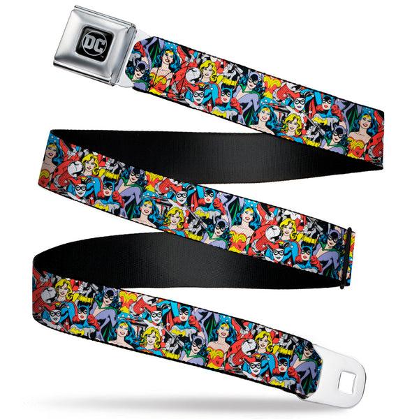 buckle down DC Round Logo Black/Silver Seatbelt Belt - DC Comics 3-Superheroine/2-Villain Character Collage Webbing