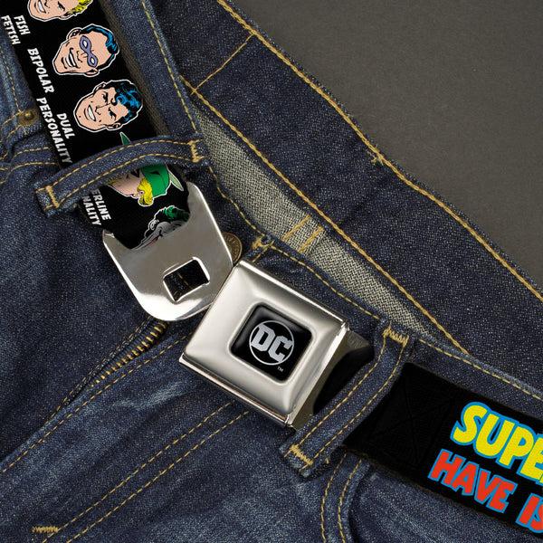 Buckle Down DC Round Logo Black/Silver Seatbelt Belt - DC Originals SUPER HEROES HAVE ISSUES TOO Faces/Issues Black Webbing