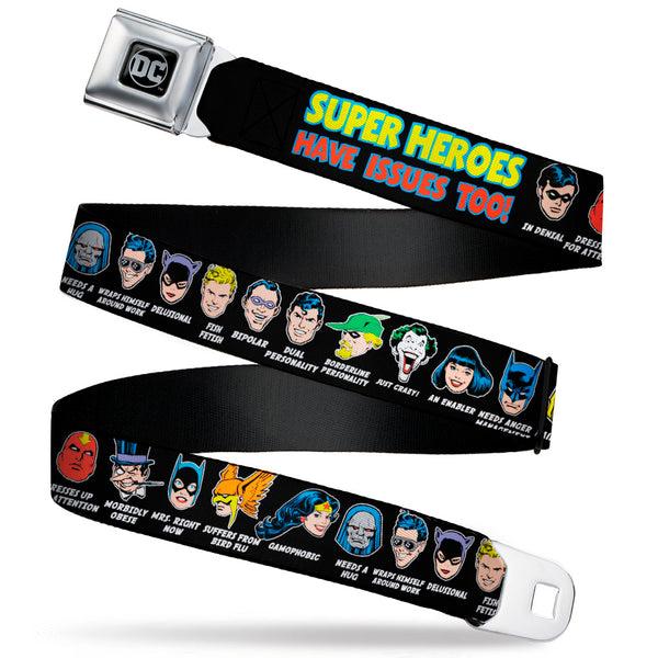 buckle down DC Round Logo Black/Silver Seatbelt Belt - DC Originals SUPER HEROES HAVE ISSUES TOO Faces/Issues Black Webbing
